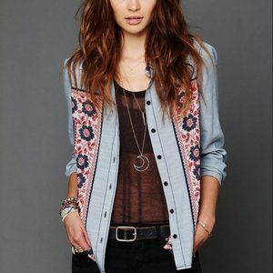 FREE PEOPLE Chambray Bandana Inset Button Down Shirt
